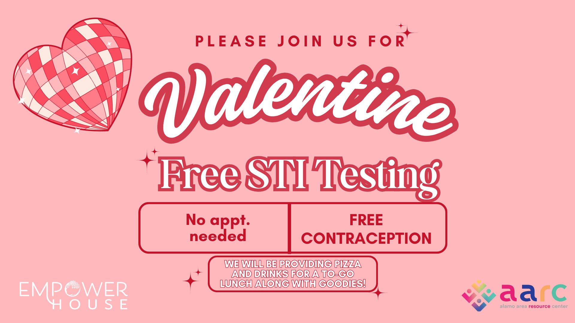 You’re invited to our Valentine Sit-In STI Testing Event on Monday, February 9, 2026, from 11 AM–1 PM. Stop by for free rapid HIV, Syphilis, and Hep C testing, free contraception, and a to-go lunch with pizza, drinks, and goodies. Care should be accessible, affirming, and community-rooted—come as you are.