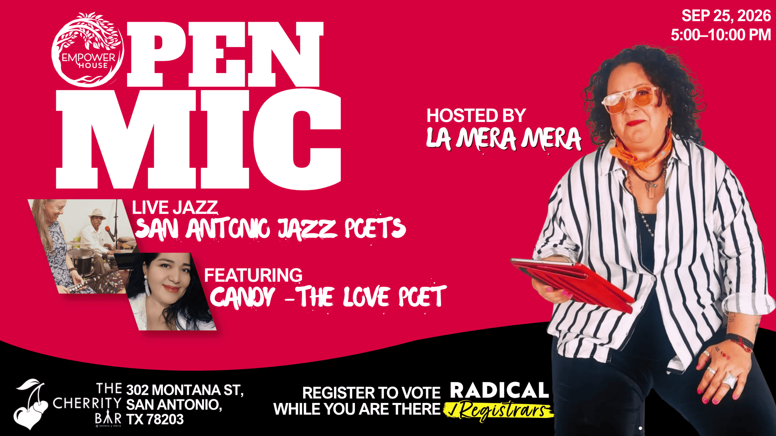 Event announcement for Open Mic Night with Mara Mera at Cherrity Bar on September 25, featuring storytelling, poetry, live music, and drinks, with a photo of San Antonio jazz poet Mara Mera.