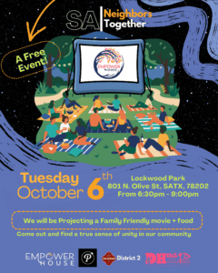 Neighbors Night Out outdoor movie event with people sitting together and watching a film projected on a large outdoor screen.